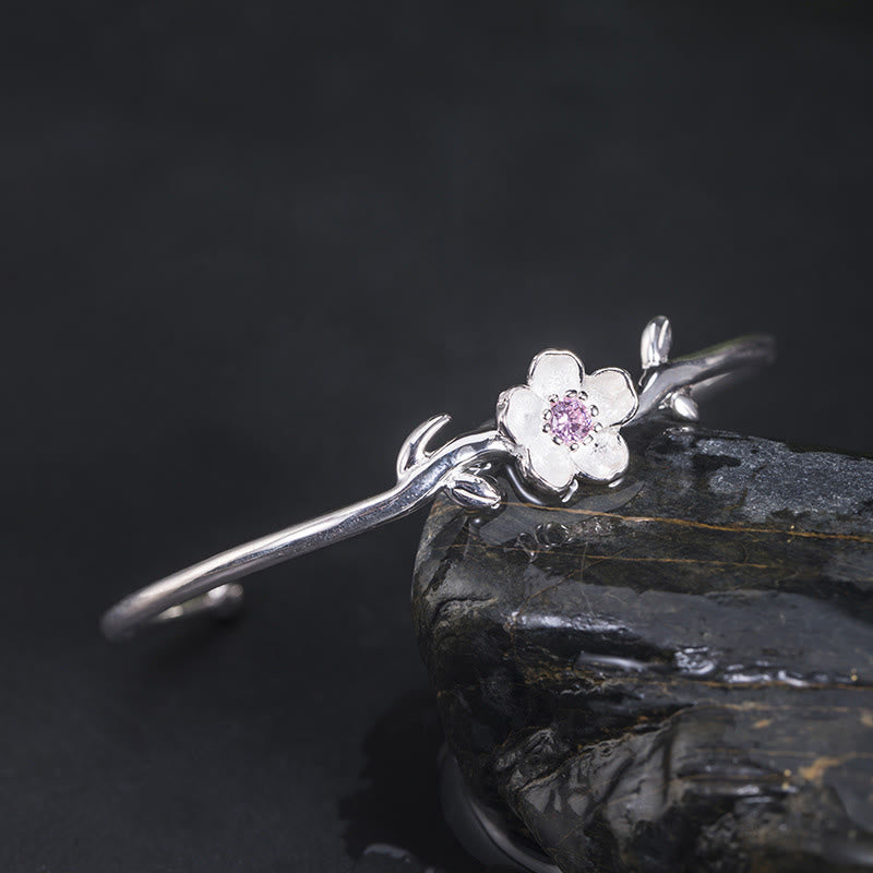 Buddha Stones 925 Sterling Silver Cherry Blossom Luck Bracelet Bangle - image 1