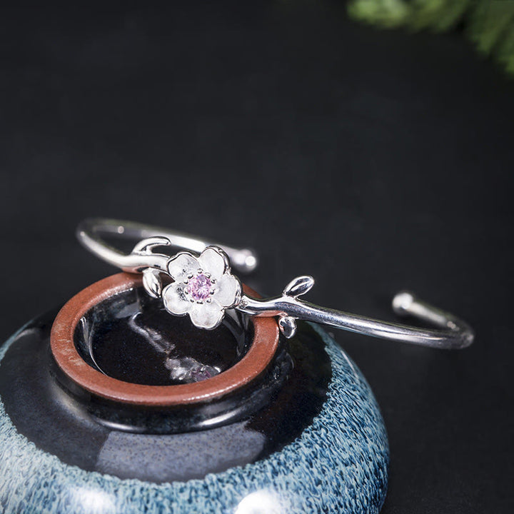 Buddha Stones 925 Sterling Silver Cherry Blossom Luck Bracelet Bangle - image 4