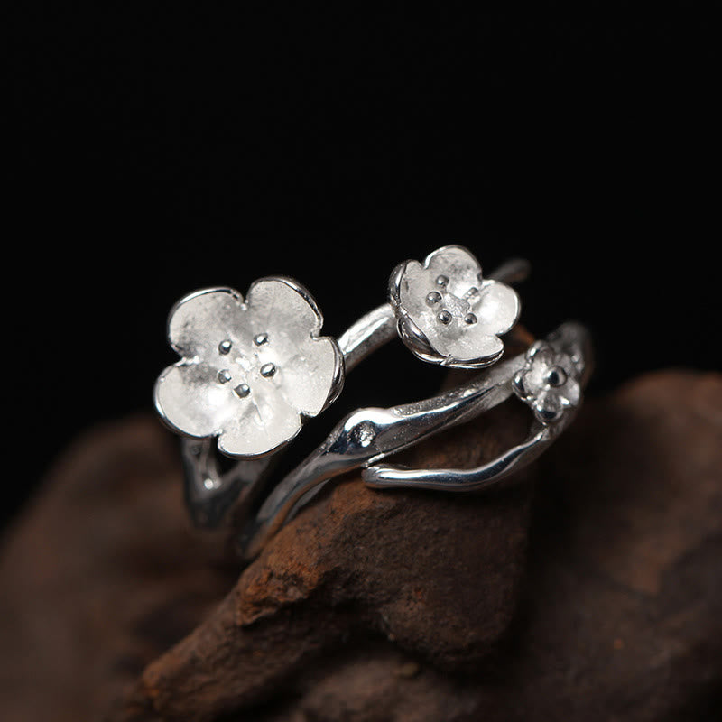 Buddha Stones 925 Sterling Silver Plum Bossom Balance Ring - Silver stamens - image 2
