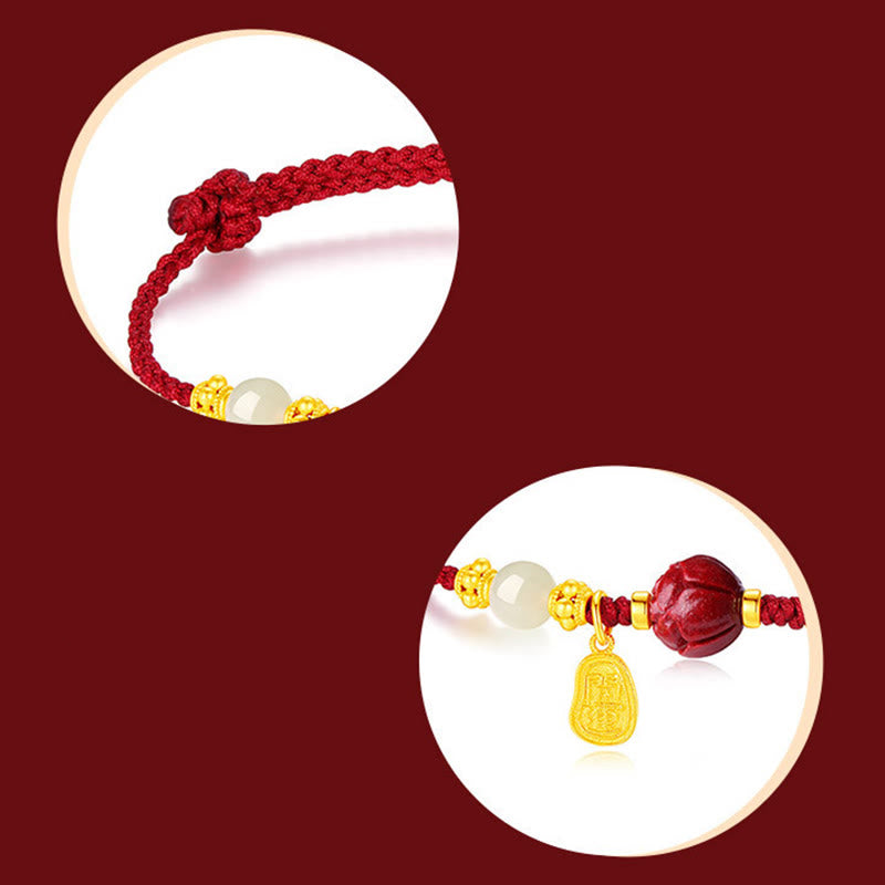 Buddha Stones Fu Character Jade Cinnabar 24K Gold Plated Luck Red String Bracelet