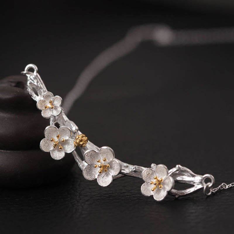 Buddha Stones 925 Sterling Silver Plum Bossom Protection Necklace Pendant - 925 Sterling Silver Plum Bossom - image 0