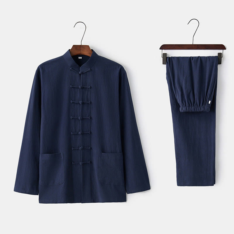 Buddha Stones Frog-Button Tang Long Sleeve Shirt Pants Men's Suit - MidnightBlue - US/UK/AU44，EU54 (4XL) - image 2