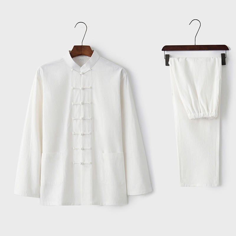 Buddha Stones Frog-Button Tang Long Sleeve Shirt Pants Men's Suit - White - US/UK/AU44，EU54 (4XL) - image 5