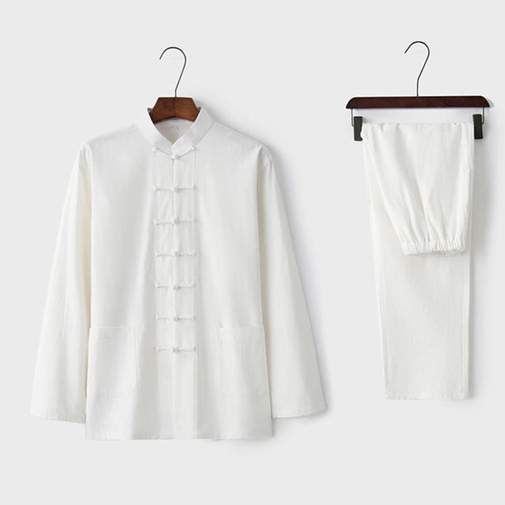 Buddha Stones Frog-Button Tang Long Sleeve Shirt Pants Men's Suit - White - US/UK/AU44，EU54 (4XL) - image 5
