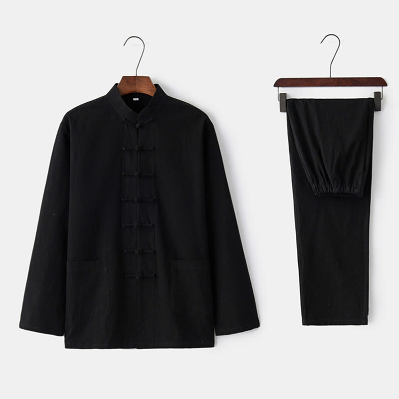 Buddha Stones Frog-Button Tang Long Sleeve Shirt Pants Men's Suit - Black - US/UK/AU44，EU54 (4XL) - image 1
