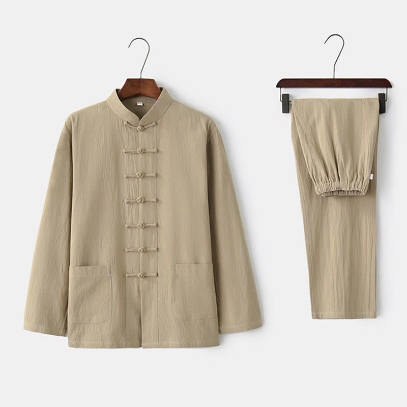 Buddha Stones Frog-Button Tang Long Sleeve Shirt Pants Men's Suit - Tan - US/UK/AU44，EU54 (4XL) - image 6