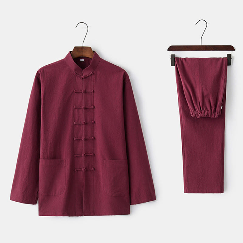 Buddha Stones Frog-Button Tang Long Sleeve Shirt Pants Men's Suit - Maroon - US/UK/AU44，EU54 (4XL) - image 4