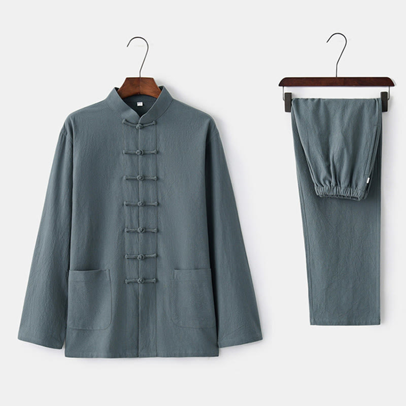 Buddha Stones Frog-Button Tang Long Sleeve Shirt Pants Men's Suit - CadetBlue - US/UK/AU44，EU54 (4XL) - image 0
