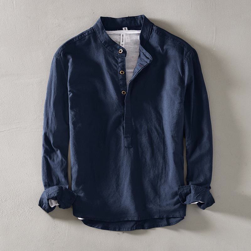Buddha Stones Solid Color Long Sleeve Half Button Shirt Cotton Linen Men Clothing - SteelBlue - US/UK/AU40，EU50 (2XL) - image 3