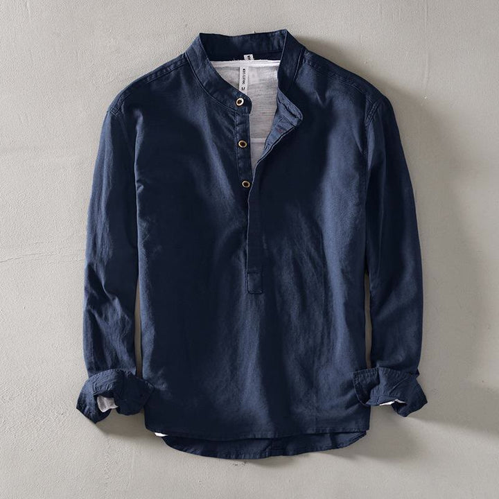 Buddha Stones Solid Color Long Sleeve Half Button Shirt Cotton Linen Men Clothing - SteelBlue - US/UK/AU40，EU50 (2XL) - image 3