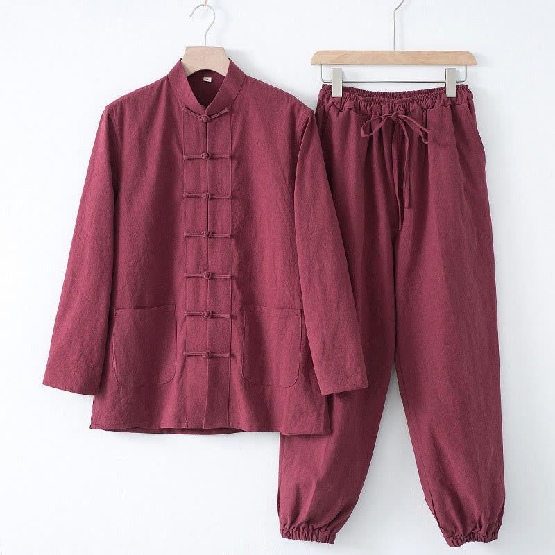 Buddha Stones Meditation Frog-Button Tang Long Sleeve Shirt Pants Men's Suit - Maroon Shirt&Maroon Pant - US/UK/AU44，EU54 (4XL) - image 14