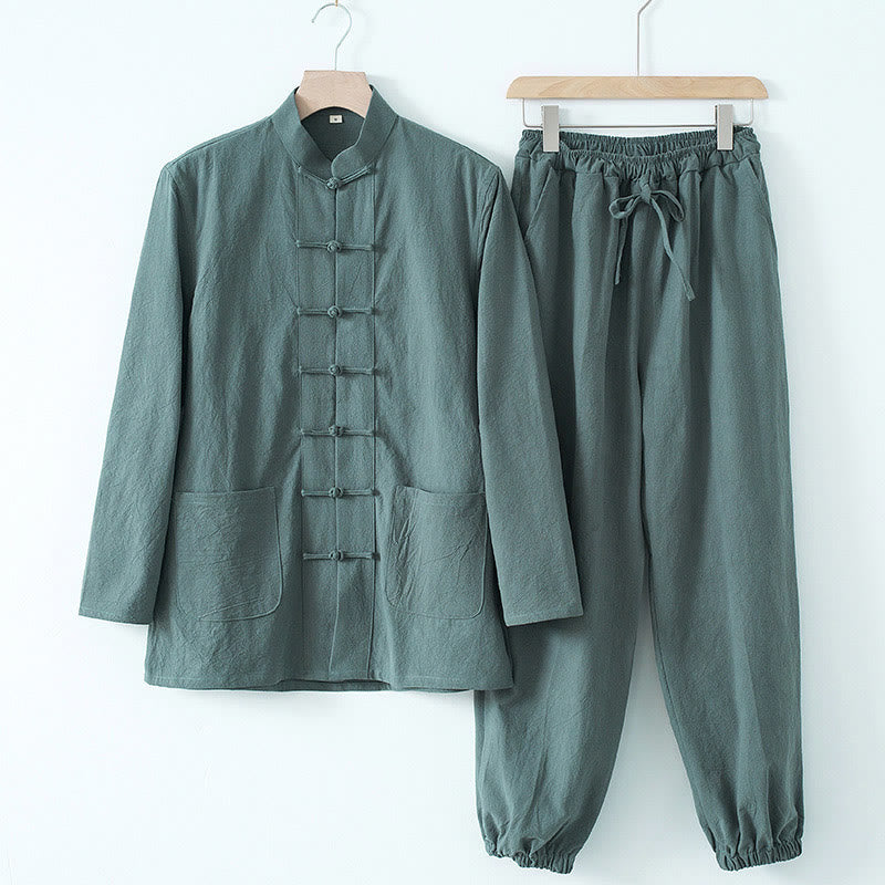 Buddha Stones Meditation Frog-Button Tang Long Sleeve Shirt Pants Men's Suit - CadetBlue Shirt&CadetBlue Pant - US/UK/AU44，EU54 (4XL) - image 13