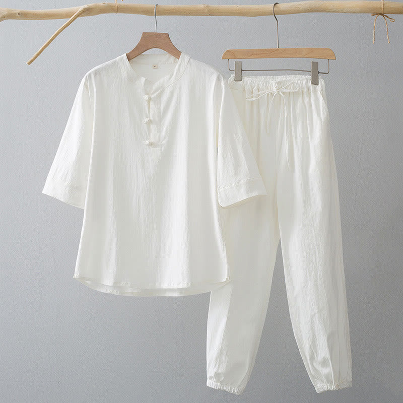 Buddha Stones Frog-Button Three Quarter Sleeve Shirt Pants Men's Suit - White Shirt&White Pant - US/UK/AU44，EU54 (4XL) - image 1