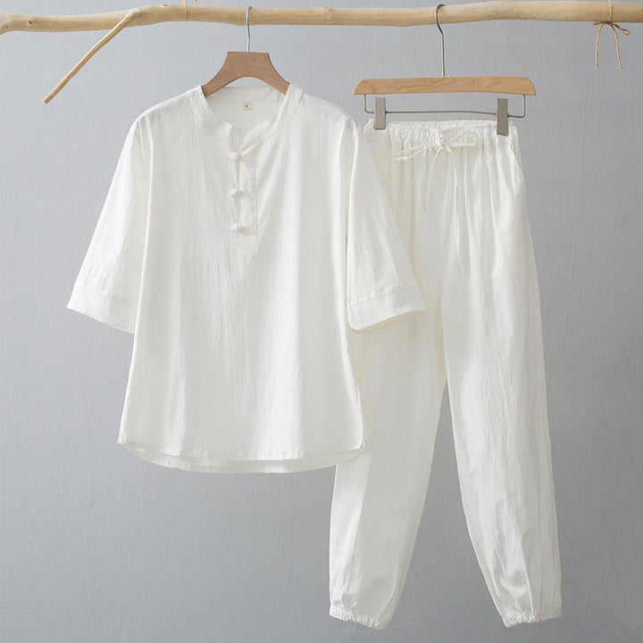 Buddha Stones Frog-Button Three Quarter Sleeve Shirt Pants Men's Suit - White Shirt&White Pant - US/UK/AU44，EU54 (4XL) - image 1