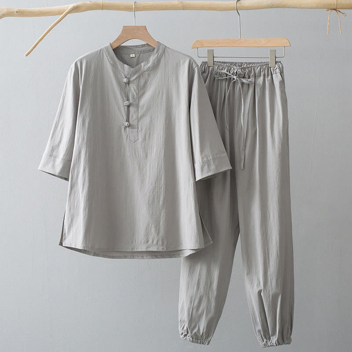 Buddha Stones Frog-Button Three Quarter Sleeve Shirt Pants Men's Suit - Gainsboro Shirt&Gainsboro Pant - US/UK/AU44，EU54 (4XL) - image 2