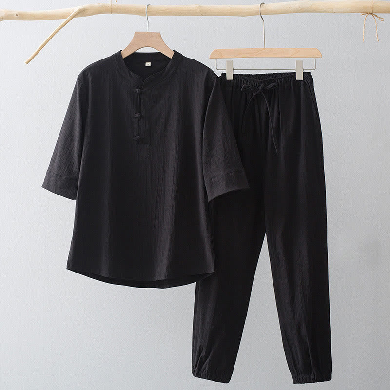 Buddha Stones Frog-Button Three Quarter Sleeve Shirt Pants Men's Suit - Black Shirt&Black Pant - US/UK/AU44，EU54 (4XL) - image 3