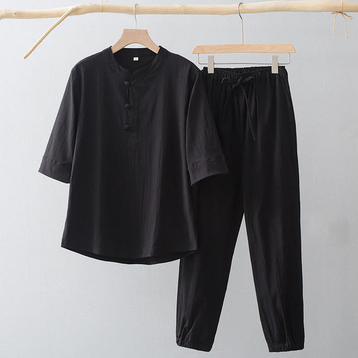 Buddha Stones Frog-Button Three Quarter Sleeve Shirt Pants Men's Suit - Black Shirt&Black Pant - US/UK/AU44，EU54 (4XL) - image 3