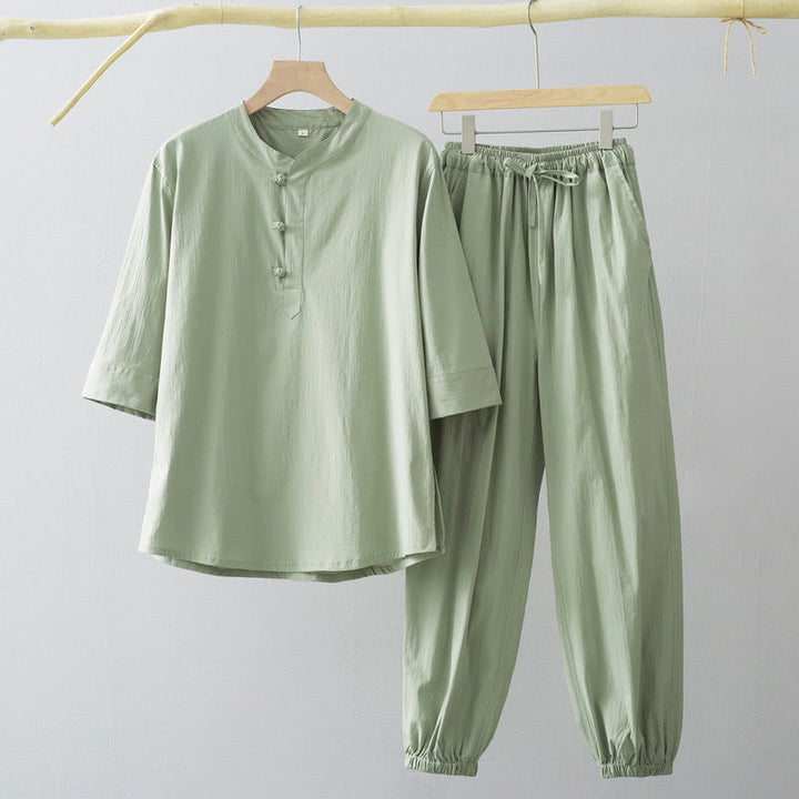 Buddha Stones Frog-Button Three Quarter Sleeve Shirt Pants Men's Suit - DarkSeaGreen Shirt&DarkSeaGreen Pant - US/UK/AU44，EU54 (4XL) - image 5