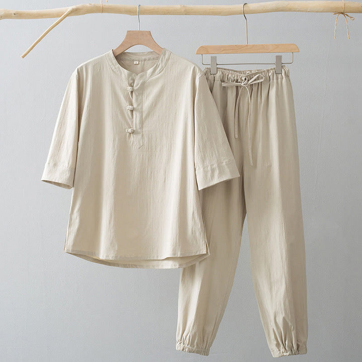 Buddha Stones Frog-Button Three Quarter Sleeve Shirt Pants Men's Suit - AntiqueWhite Shirt&AntiqueWhite Pant - US/UK/AU44，EU54 (4XL) - image 0