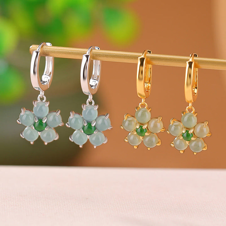 Buddha Stones 925 Sterling Silver Plated Gold Green Jade Flower Design Luck Prosperity Earrings