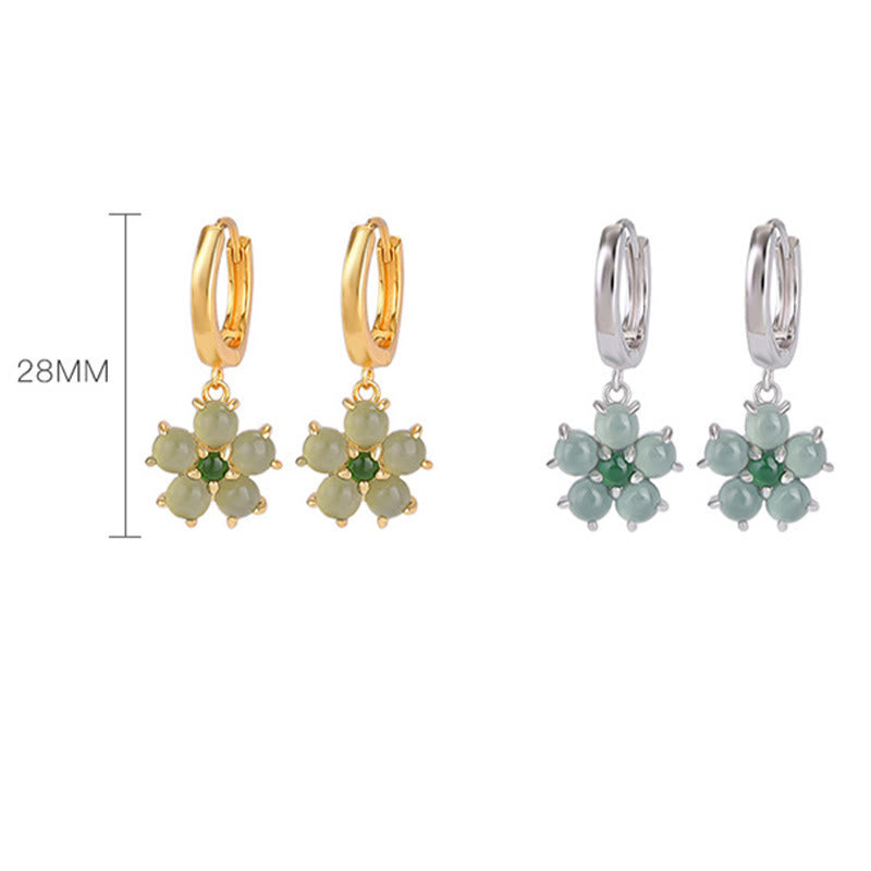 Buddha Stones 925 Sterling Silver Plated Gold Green Jade Flower Design Luck Prosperity Earrings