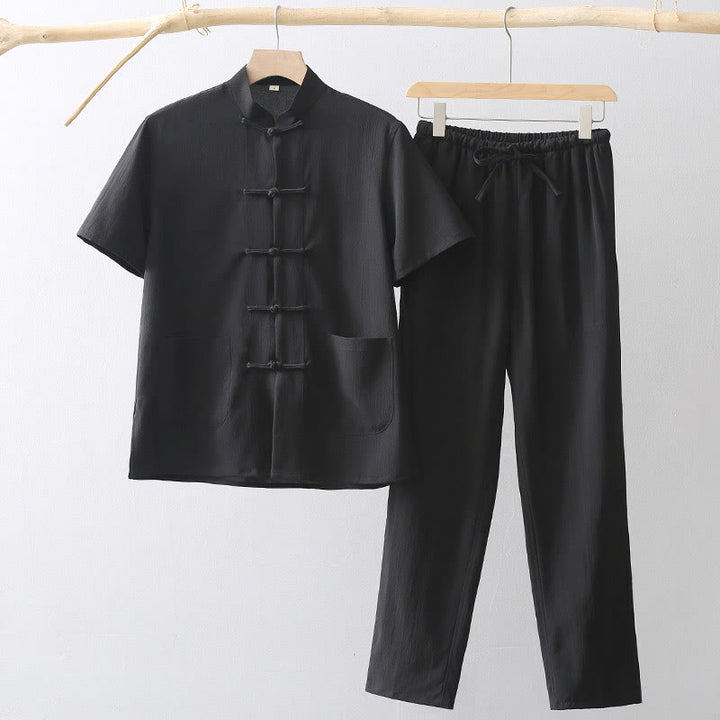 Buddha Stones Tang Frog-Button Short Sleeve Shirt Wide Leg Pants Men's Suit - Black - US/UK/AU44，EU54 (4XL) - image 4