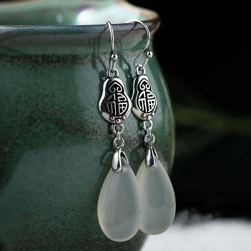 Buddha Stones 925 Sterling Silver Posts Natural Chalcedony Fu Character Positive Harmony Earrings