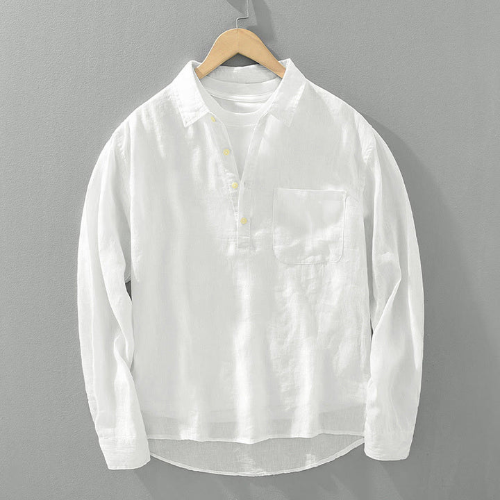 Buddha Stones Solid Color Loose Long Sleeve Half Button Shirt Linen Men Clothing - White - US/UK/AU42，EU52 (3XL) - image 0