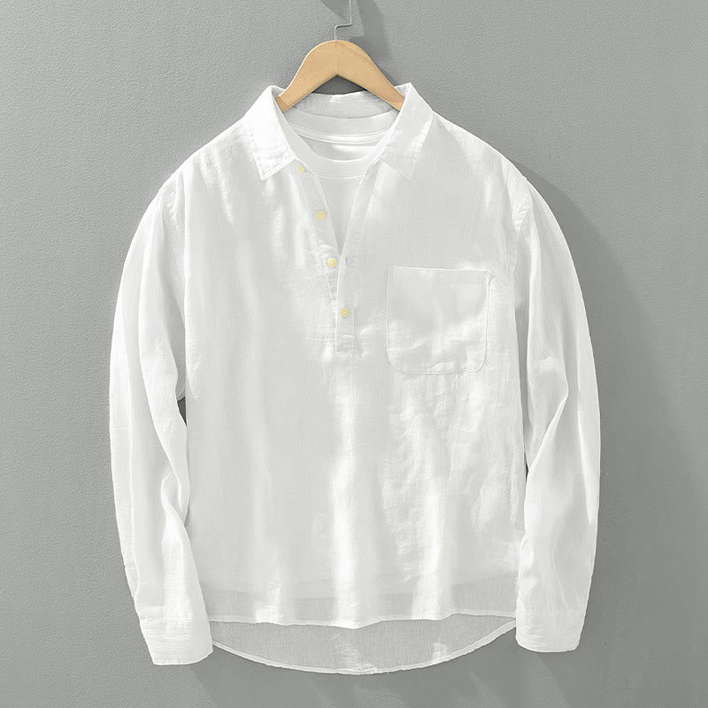 Buddha Stones Solid Color Loose Long Sleeve Half Button Shirt Linen Men Clothing - White - US/UK/AU42，EU52 (3XL) - image 1