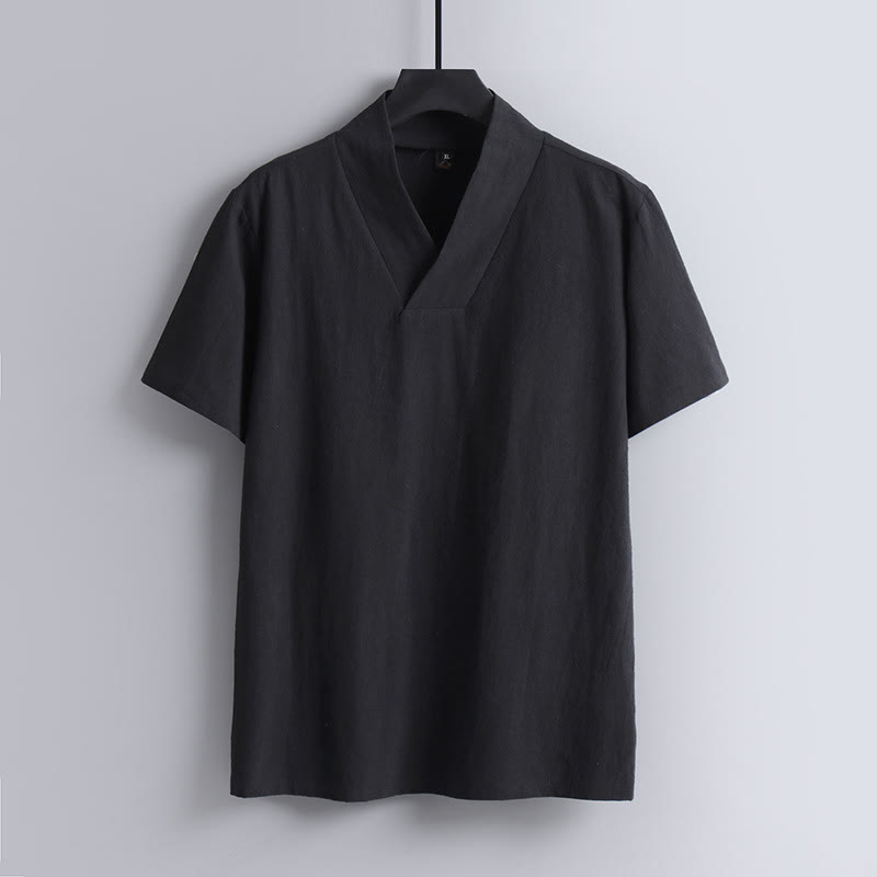 Buddha Stones Loose Men's T-Shirt Solid Color Top Short Sleeve V Collar Breathable Cotton Linen Shirt - Black - US/UK/AU54，EU64 (9XL) - image 2