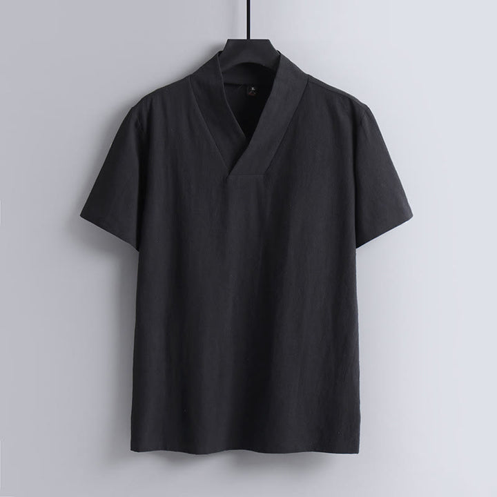 Buddha Stones Loose Men's T-Shirt Solid Color Top Short Sleeve V Collar Breathable Cotton Linen Shirt - Black - US/UK/AU54，EU64 (9XL) - image 2
