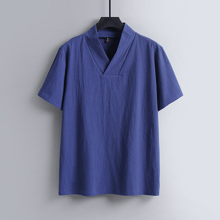 Buddha Stones Loose Men's T-Shirt Solid Color Top Short Sleeve V Collar Breathable Linen Shirt - RoyalBlue - US/UK/AU54，EU64 (9XL) - image 4