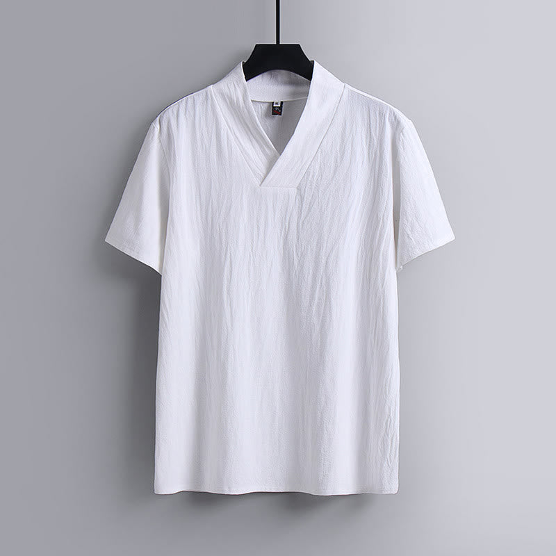 Buddha Stones Loose Men's T-Shirt Solid Color Top Short Sleeve V Collar Breathable Cotton Linen Shirt - White - US/UK/AU54，EU64 (9XL) - image 1