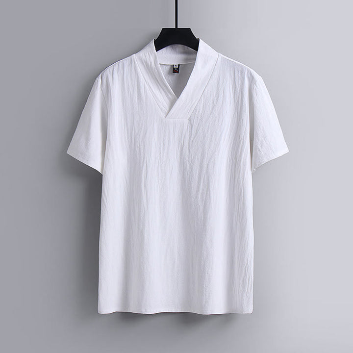 Buddha Stones Loose Men's T-Shirt Solid Color Top Short Sleeve V Collar Breathable Cotton Linen Shirt - White - US/UK/AU54，EU64 (9XL) - image 1