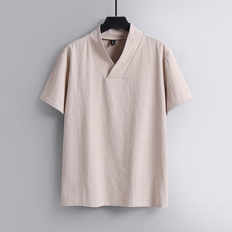 Buddha Stones Loose Men's T-Shirt Solid Color Top Short Sleeve V Collar Breathable Linen Shirt - MistyRose - US/UK/AU54，EU64 (9XL) - image 5