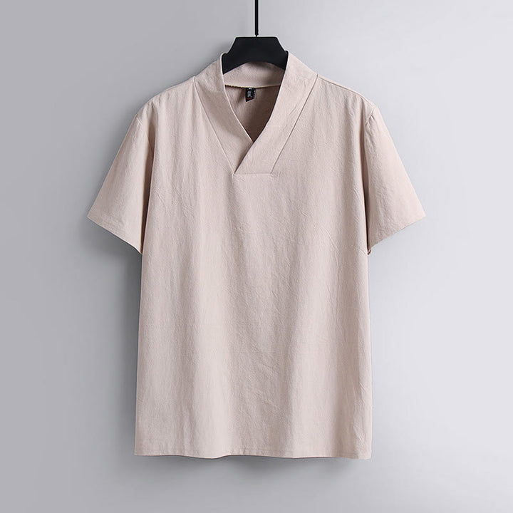 Buddha Stones Loose Men's T-Shirt Solid Color Top Short Sleeve V Collar Breathable Linen Shirt - MistyRose - US/UK/AU54，EU64 (9XL) - image 5