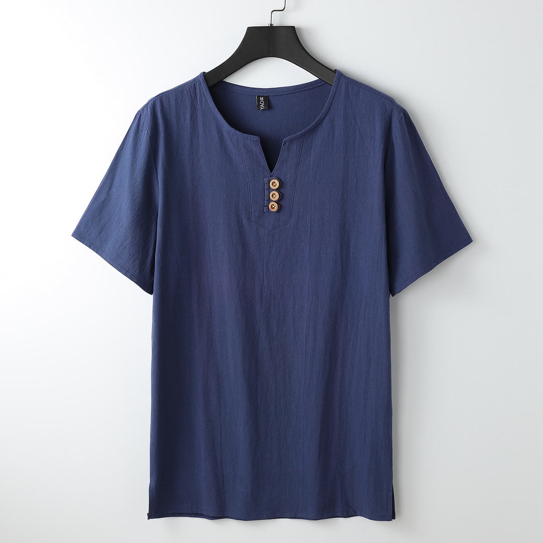 Buddha Stones Men's T-Shirt Solid Color Top Short Sleeve Three-button V Collar Soft Shirt - MidnightBlue - US/UK/AU54，EU64 (9XL) - image 12