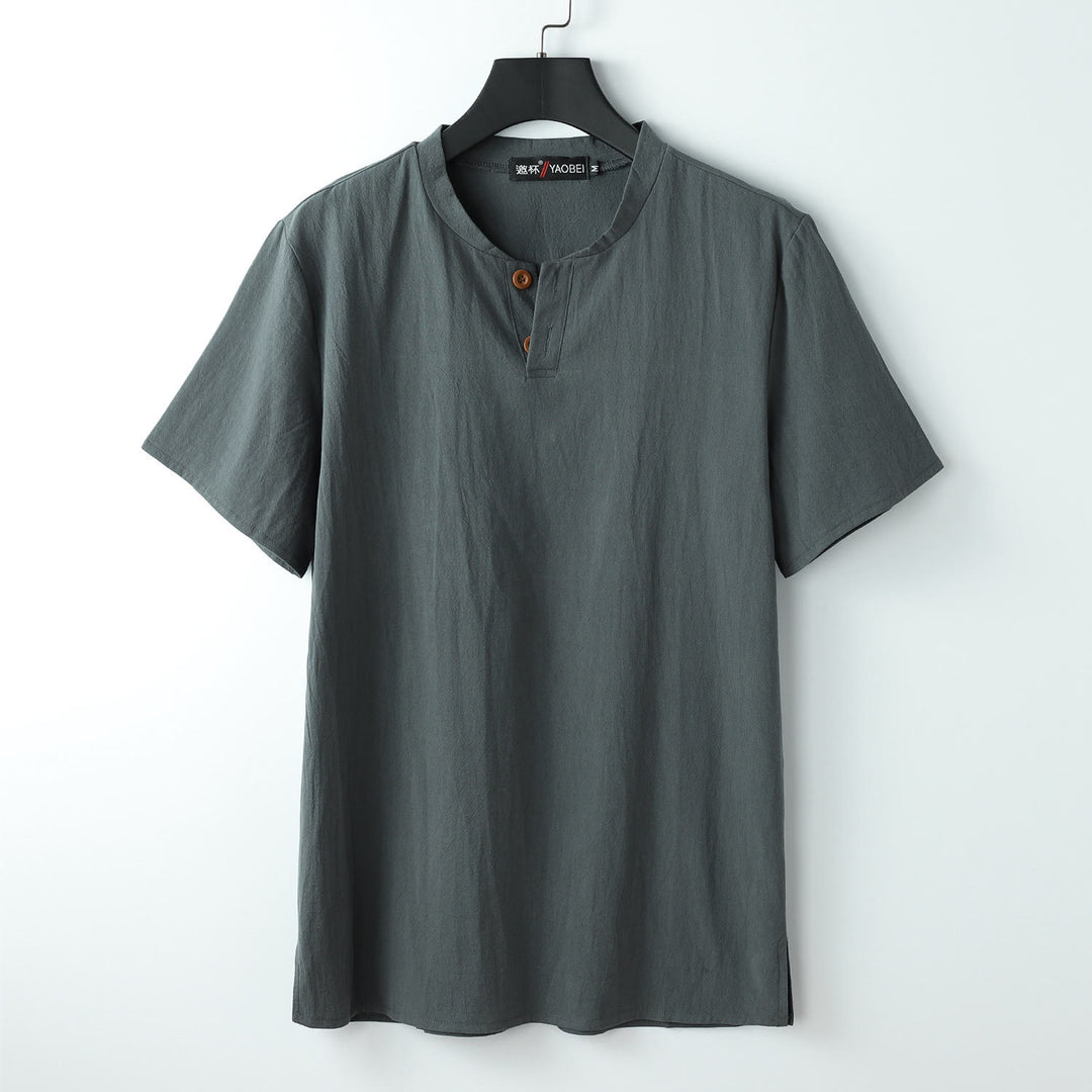 Buddha Stones Loose Men's T-shirt Solid Color Top Short Sleeve Button Notched Neck Soft Cotton Linen Shirt - Gray - US/UK/AU54，EU64 (9XL) - image 1