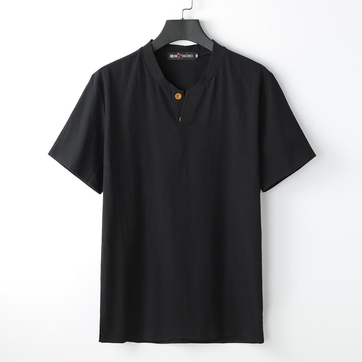 Buddha Stones Loose Men's T-shirt Solid Color Top Short Sleeve Button Notched Neck Soft Cotton Linen Shirt - Black - US/UK/AU54，EU64 (9XL) - image 2