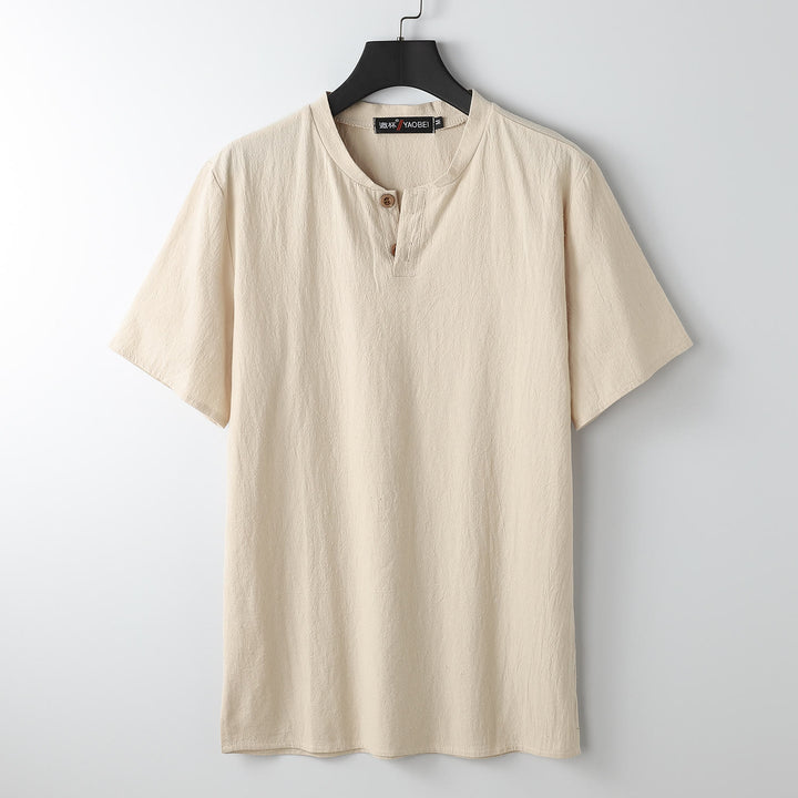 Buddha Stones Loose Men's T-shirt Solid Color Top Short Sleeve Button Notched Neck Soft Cotton Linen Shirt - Moccasin - US/UK/AU54，EU64 (9XL) - image 8