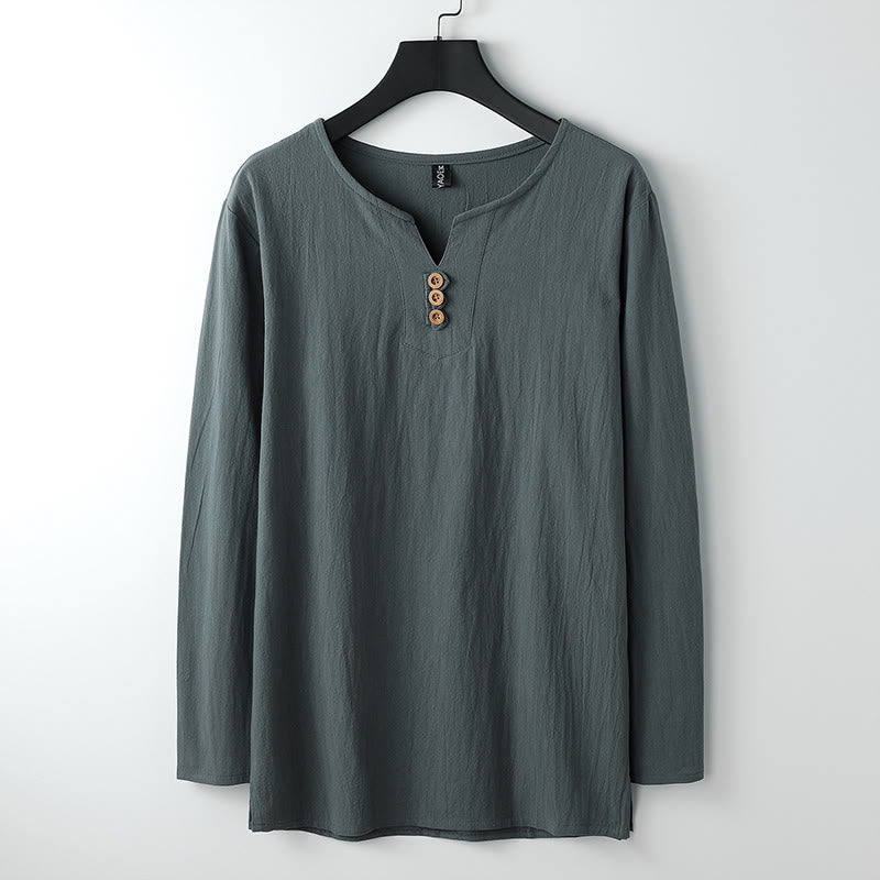 Buddha Stones Solid Color Long Sleeve Button Shirt Cotton Linen Men Clothing - CadetBlue - US/UK/AU54，EU64 (9XL) - image 2