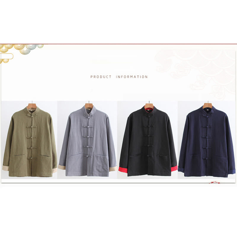 Buddha Stones Tang Frog-Button Long Sleeve Shirt Cotton Linen Men's Clothing