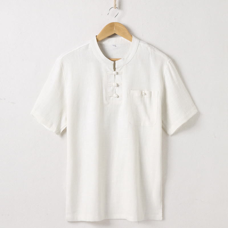 Buddha Stones Loose Men's Shirt Solid Color Notched Neck Top Short Sleeve Comfy Button Breathable Cotton Linen Shirt - Beige - US/UK/AU46，EU56 (5XL)  - image 1