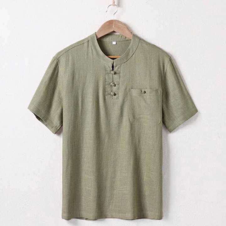 Buddha Stones Loose Men's Shirt Solid Color Notched Neck Top Short Sleeve Comfy Button Breathable Cotton Linen Shirt - Olive - US/UK/AU46，EU56 (5XL)  - image 0