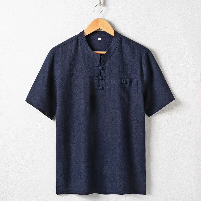 Buddha Stones Loose Men's Shirt Solid Color Notched Neck Top Short Sleeve Comfy Button Breathable Cotton Linen Shirt - MidnightBlue - US/UK/AU46，EU56 (5XL)  - image 2