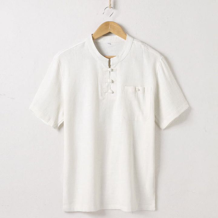 Buddha Stones Loose Men's Shirt Solid Color Notched Neck Top Short Sleeve Comfy Button Breathable Cotton Linen Shirt - Beige - US/UK/AU46，EU56 (5XL)  - image 1