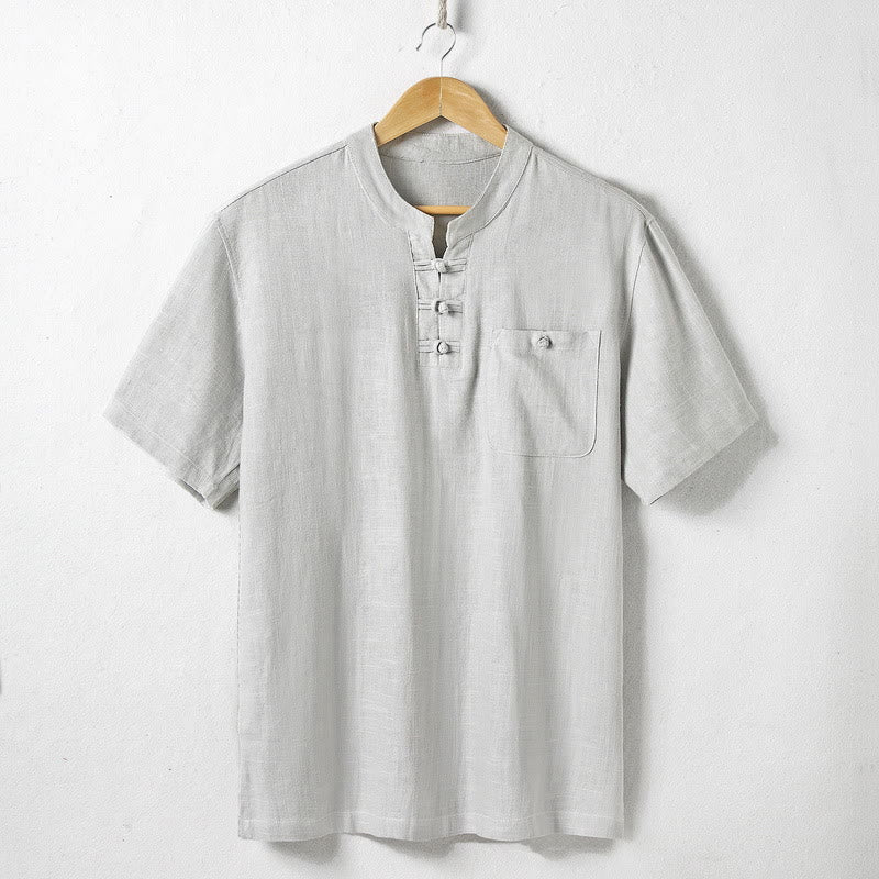 Buddha Stones Loose Men's Shirt Solid Color Notched Neck Top Short Sleeve Comfy Button Breathable Cotton Linen Shirt - Gainsboro - US/UK/AU46，EU56 (5XL)  - image 4