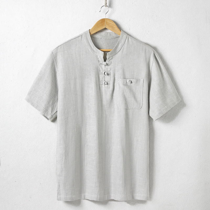 Buddha Stones Loose Men's Shirt Solid Color Notched Neck Top Short Sleeve Comfy Button Breathable Cotton Linen Shirt - Gainsboro - US/UK/AU46，EU56 (5XL)  - image 4