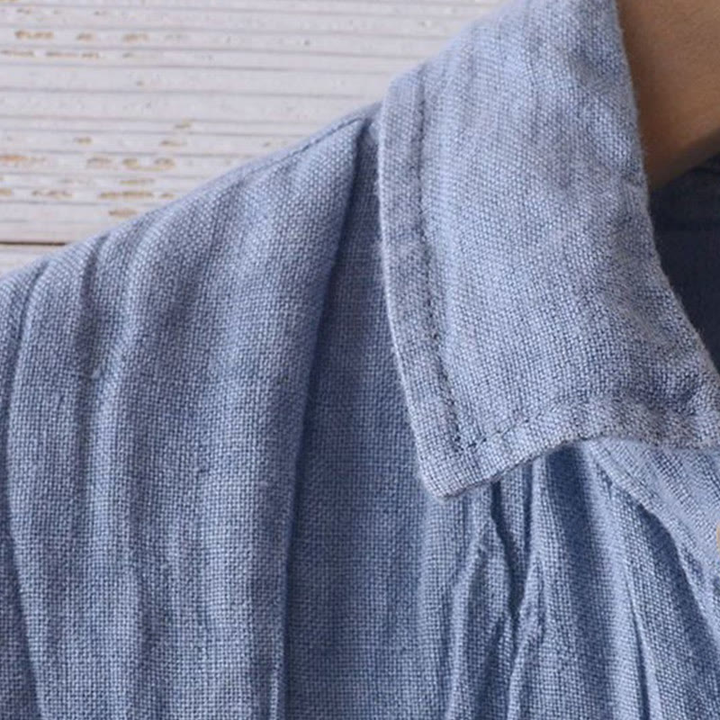 Buddha Stones Men's Shirt Solid Color Lapel Top Short Sleeve Comfy Button Crease Cotton Linen Shirt - image 1