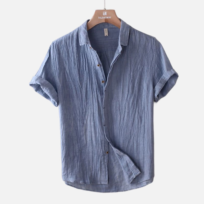 Buddha Stones Men's Shirt Solid Color Lapel Top Short Sleeve Comfy Button Crease Cotton Linen Shirt - CornflowerBlue - US/UK/AU50，EU60 (5XL) - image 1